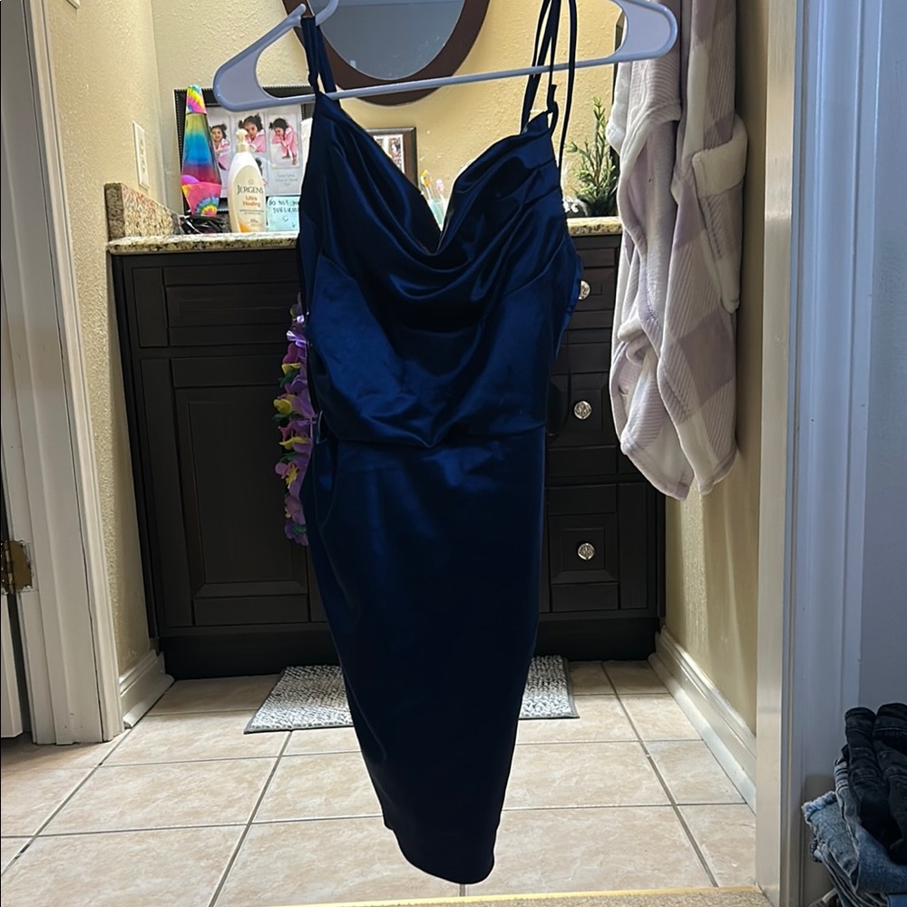 B Darlin Blue Bodycon Cocktail Dress with Cowl Neck